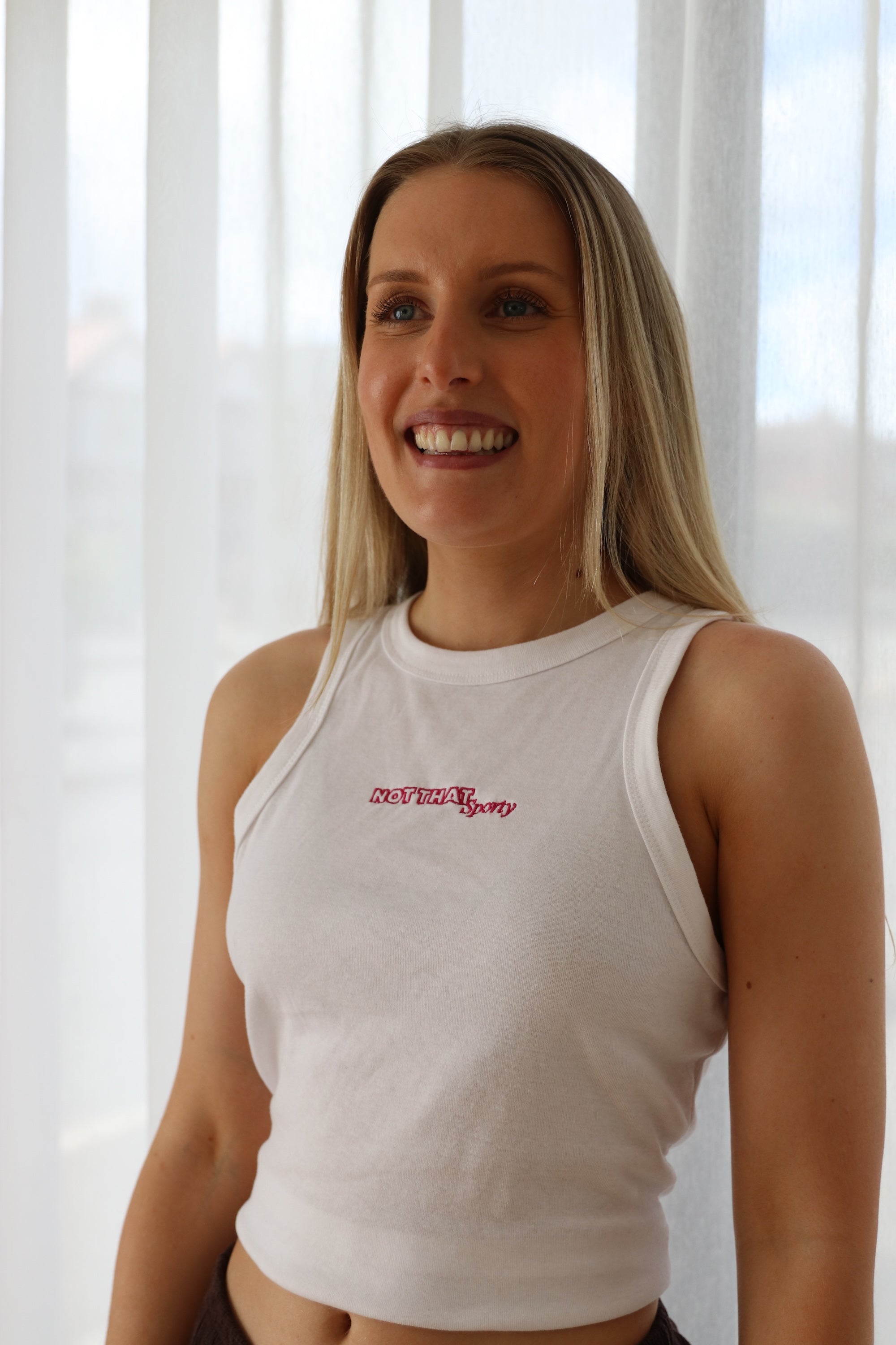 Not That Sporty - White Blend Micro Rib Embroidered Tank