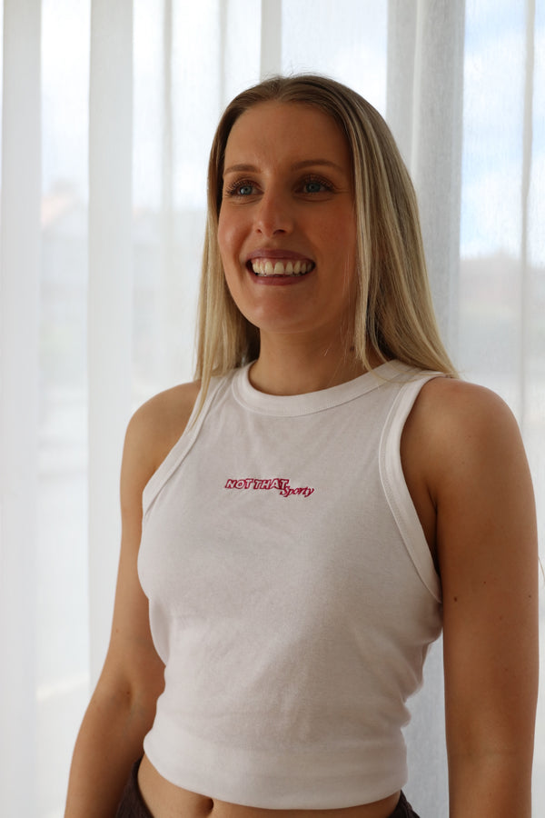 Not That Sporty - White Blend Micro Rib Embroidered Tank